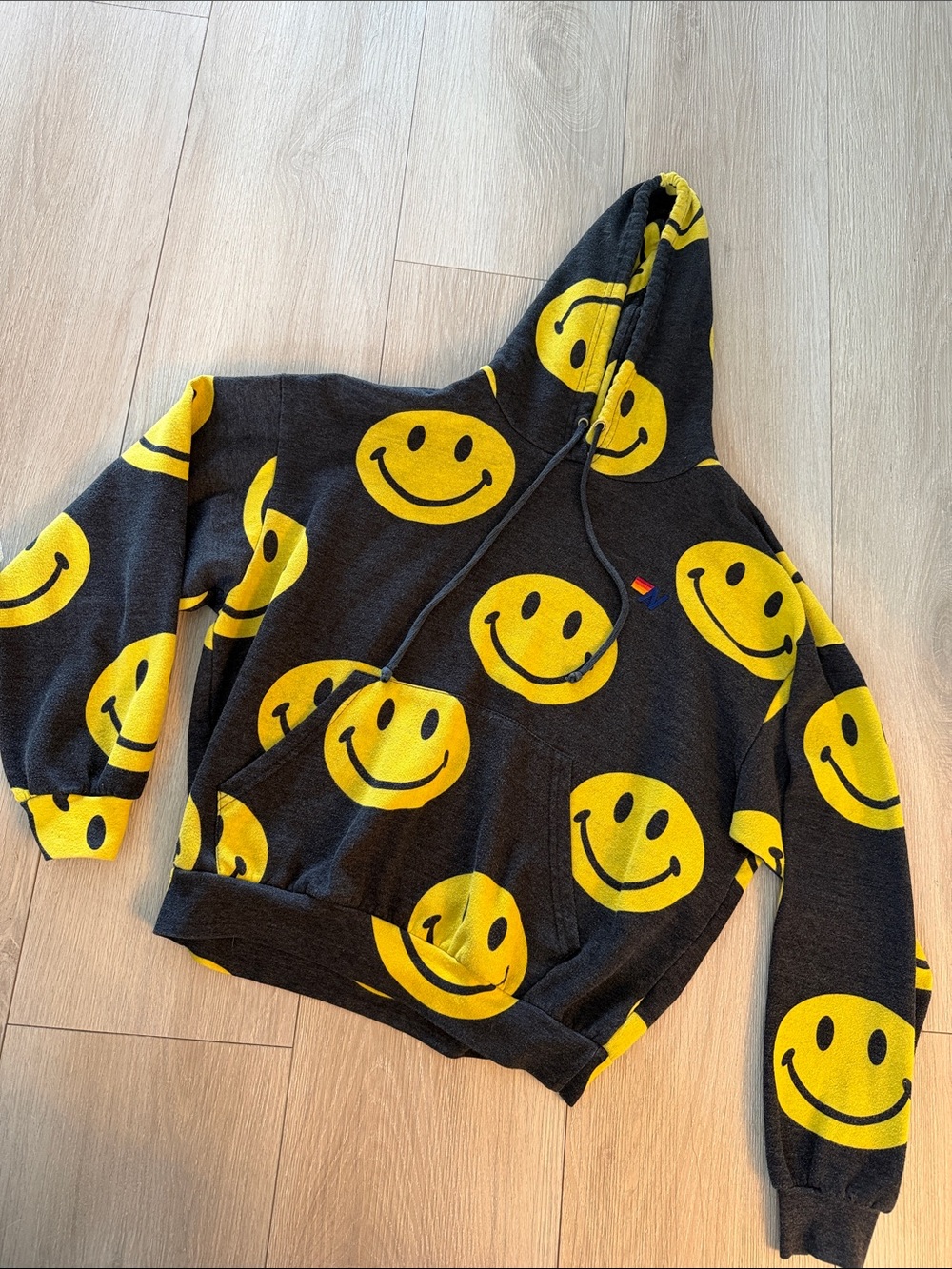 Aviator Nation Black Hoodie with All-Over Yellow Smiley Face Print